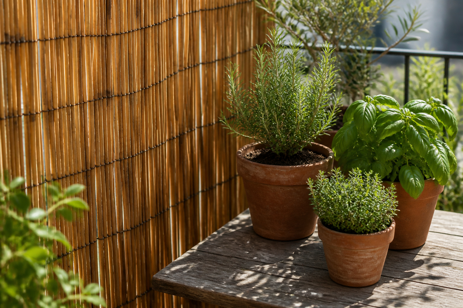 Natürlicher Balkon mit Schilfmatte und Pflanzen