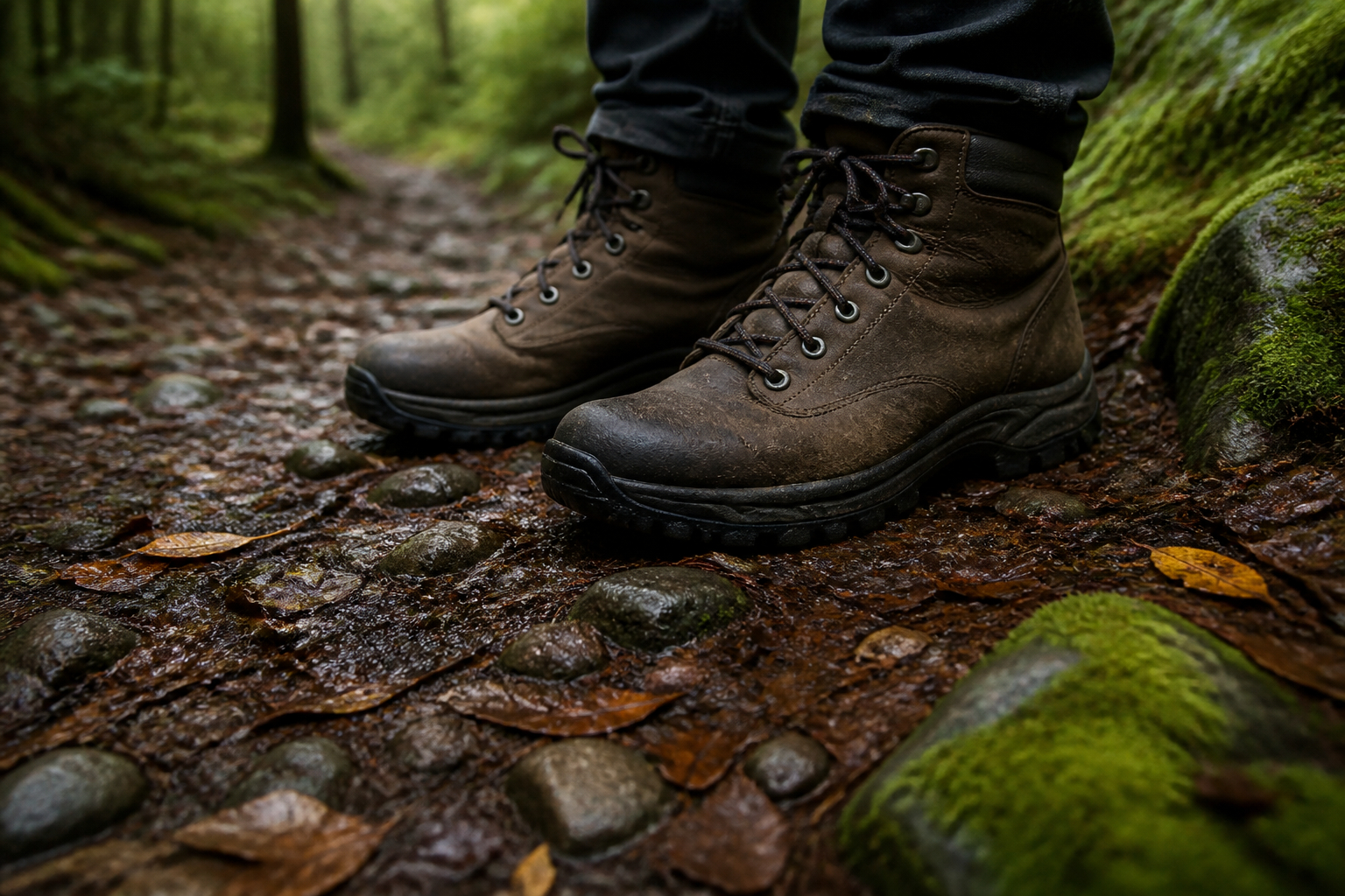 Wanderschuhe auf einem feuchten Waldweg beim achtsamen Gehen