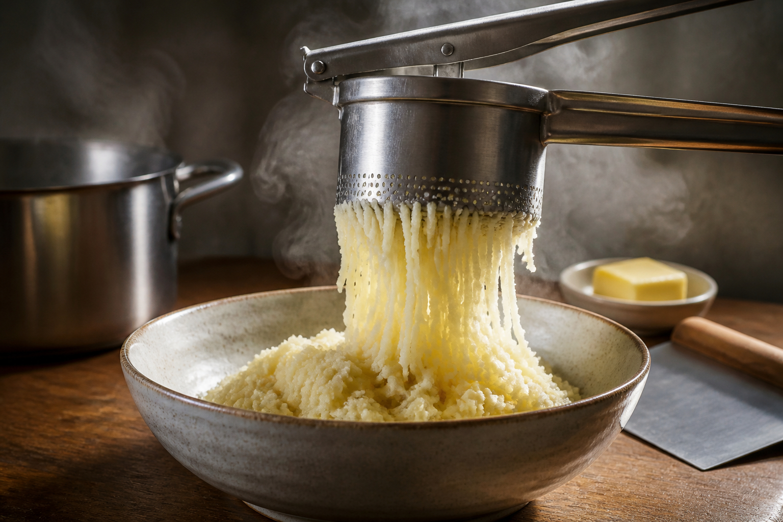 Heiße Kartoffeln durch die Kartoffelpresse drücken