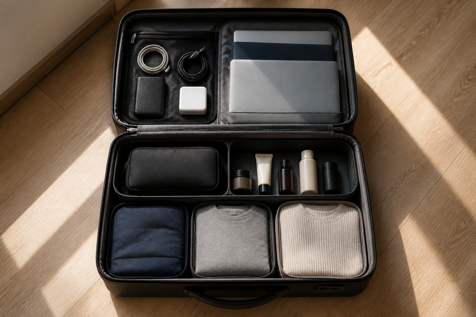 Handgepäck clever packen mit Packwürfeln und Schichtprinzip