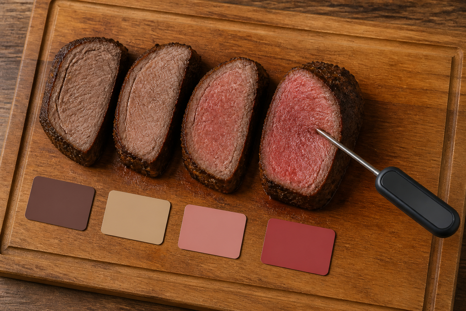 Temperaturübersicht für Rind Schwein Geflügel und Fisch mit Bratenthermometer