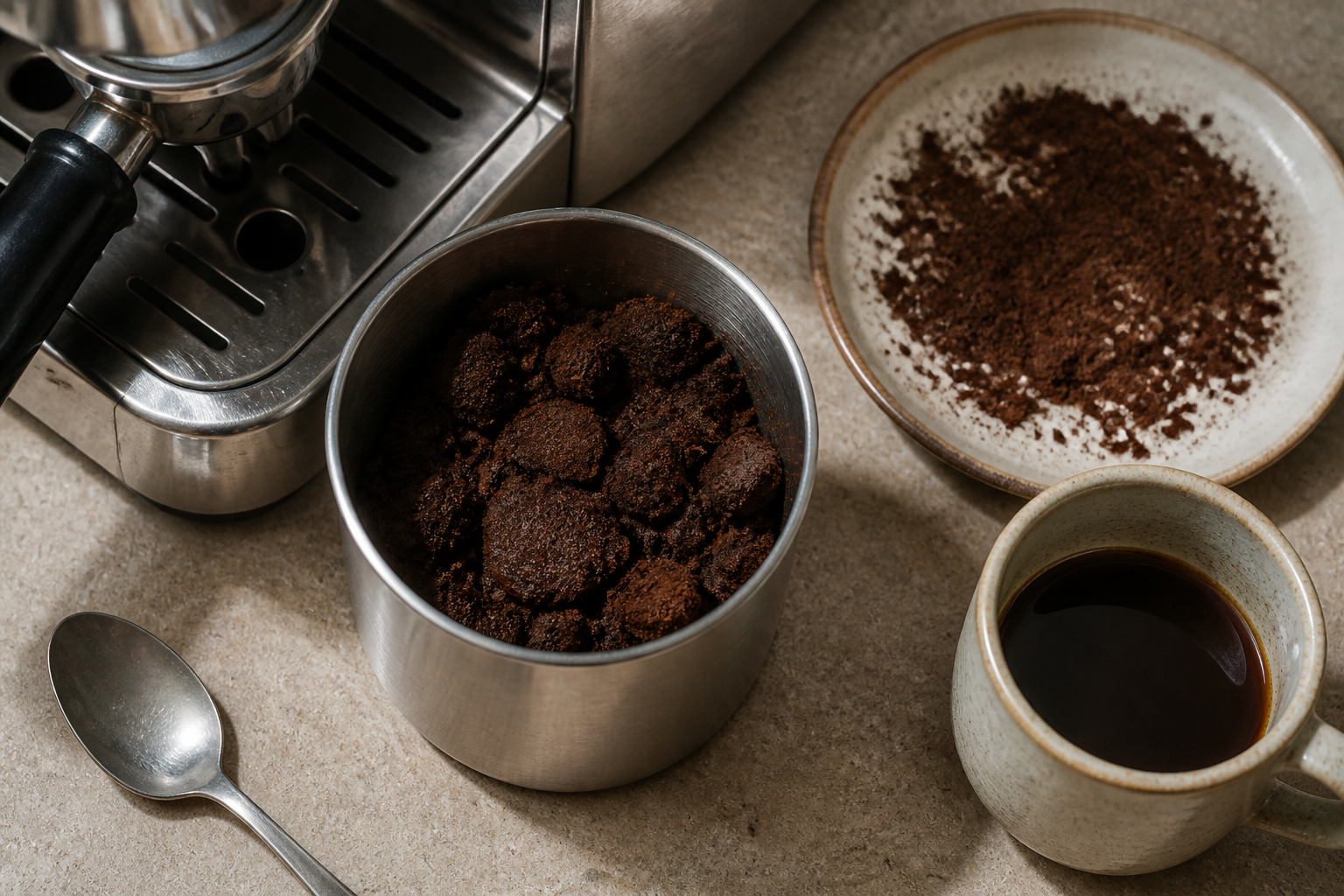Kaffeesatz sammeln und trocknen neben einer Siebträgermaschine