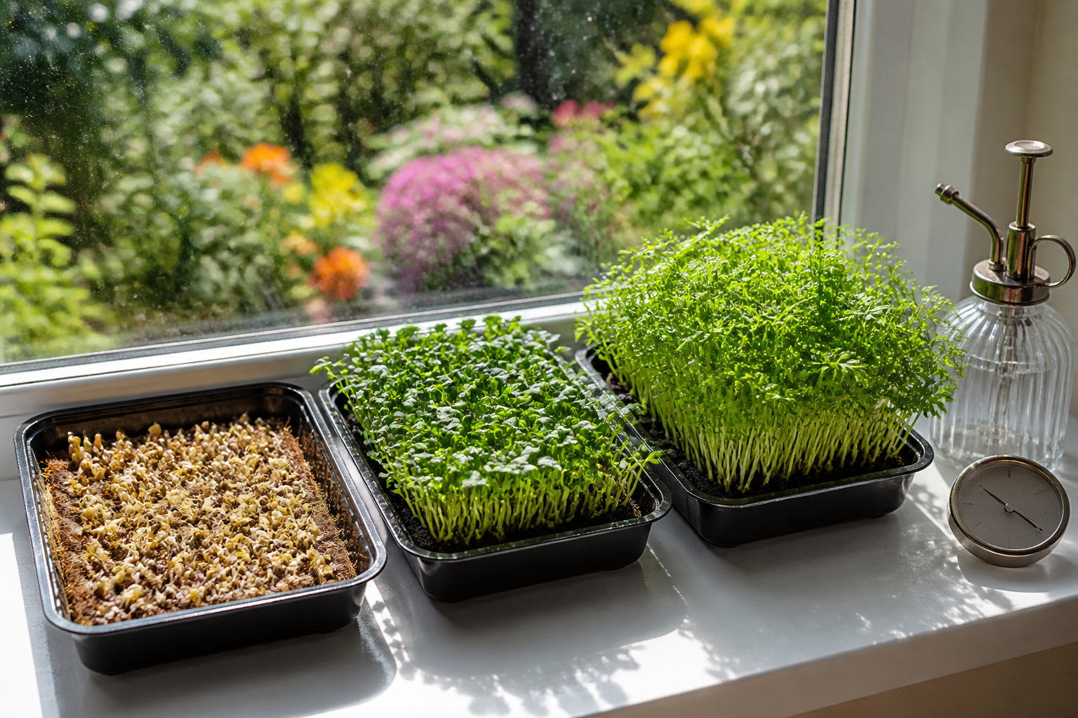 Microgreens Pflege mit Wasser und Licht auf der Fensterbank
