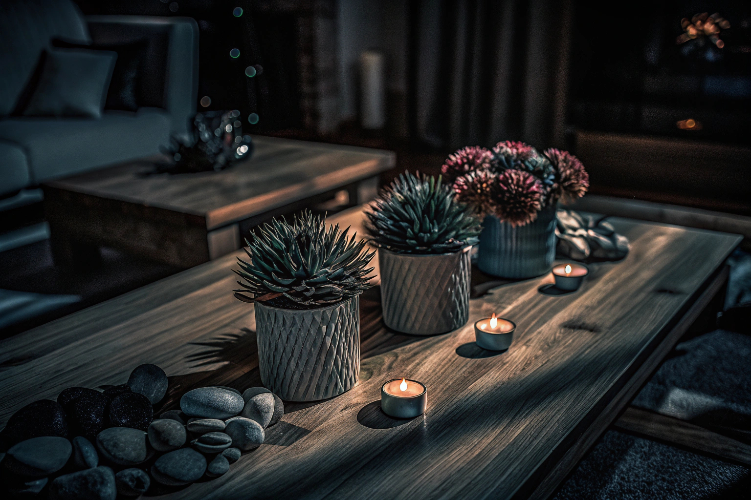Künstliche Pflanzen und Blumen auf einem Tisch