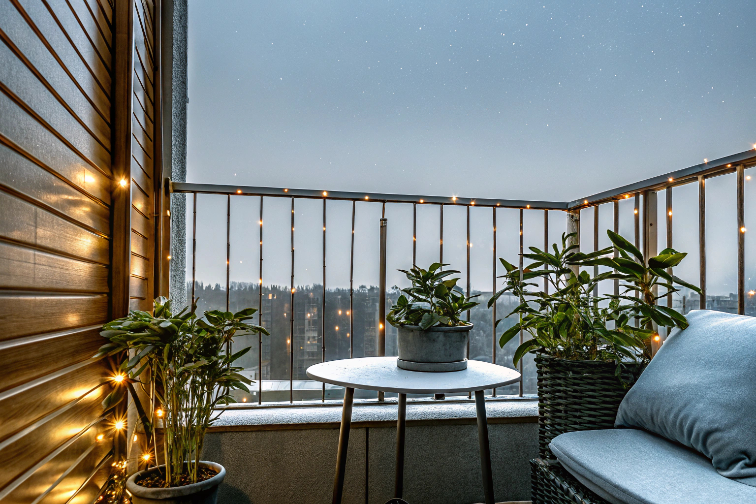 Balkon mit Solar-Lichterkette bei Nacht