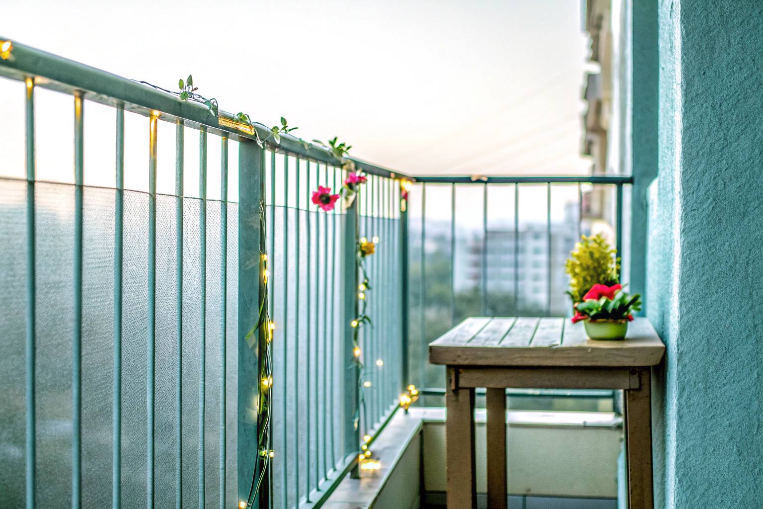 Balkon mit Efeu-Lichterkette und Kunstblumen