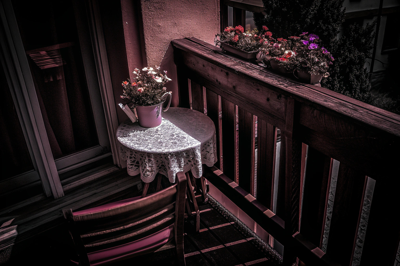 Balkon mit künstlichen Blumen und Gießkannen-Blumentopf