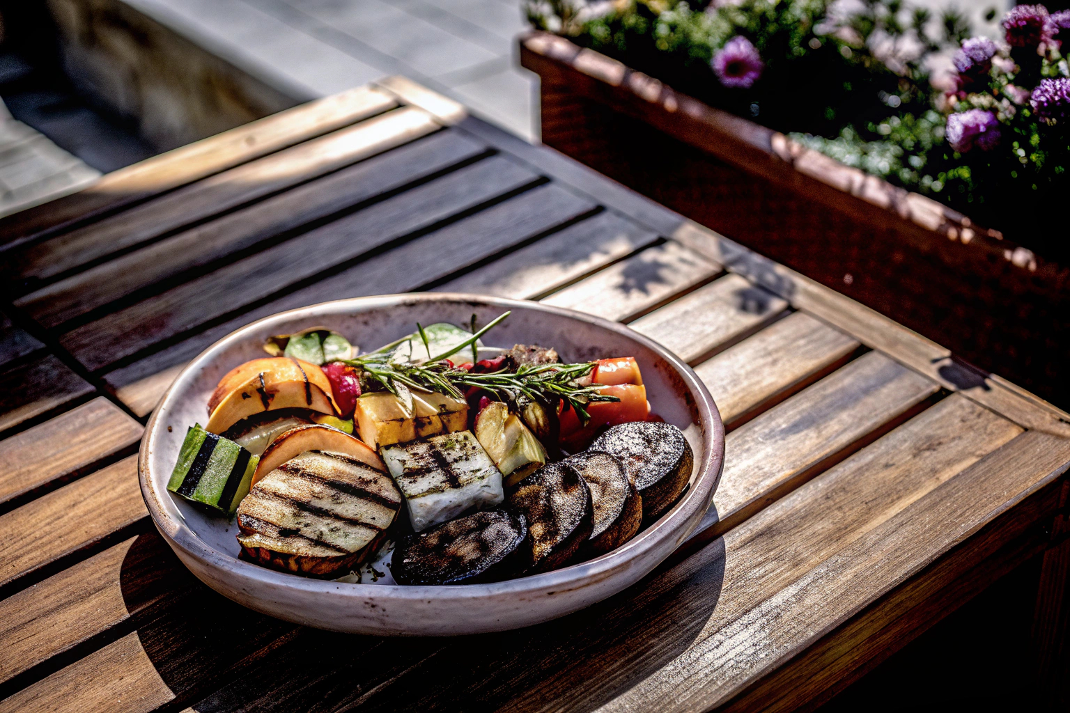 Veganer Grillteller mit Gemüse und Tofu