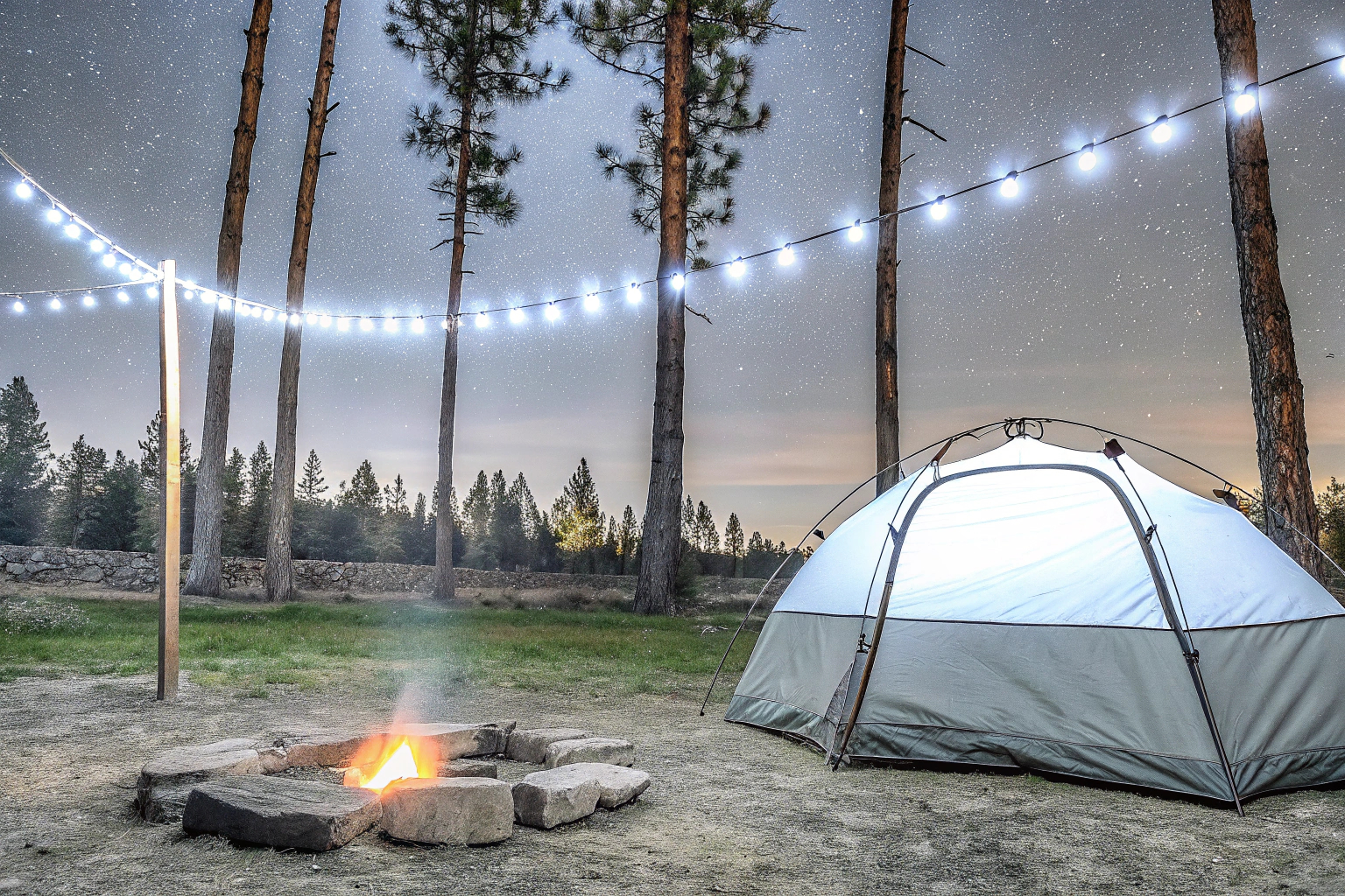 Beleuchteter Campingplatz bei Nacht