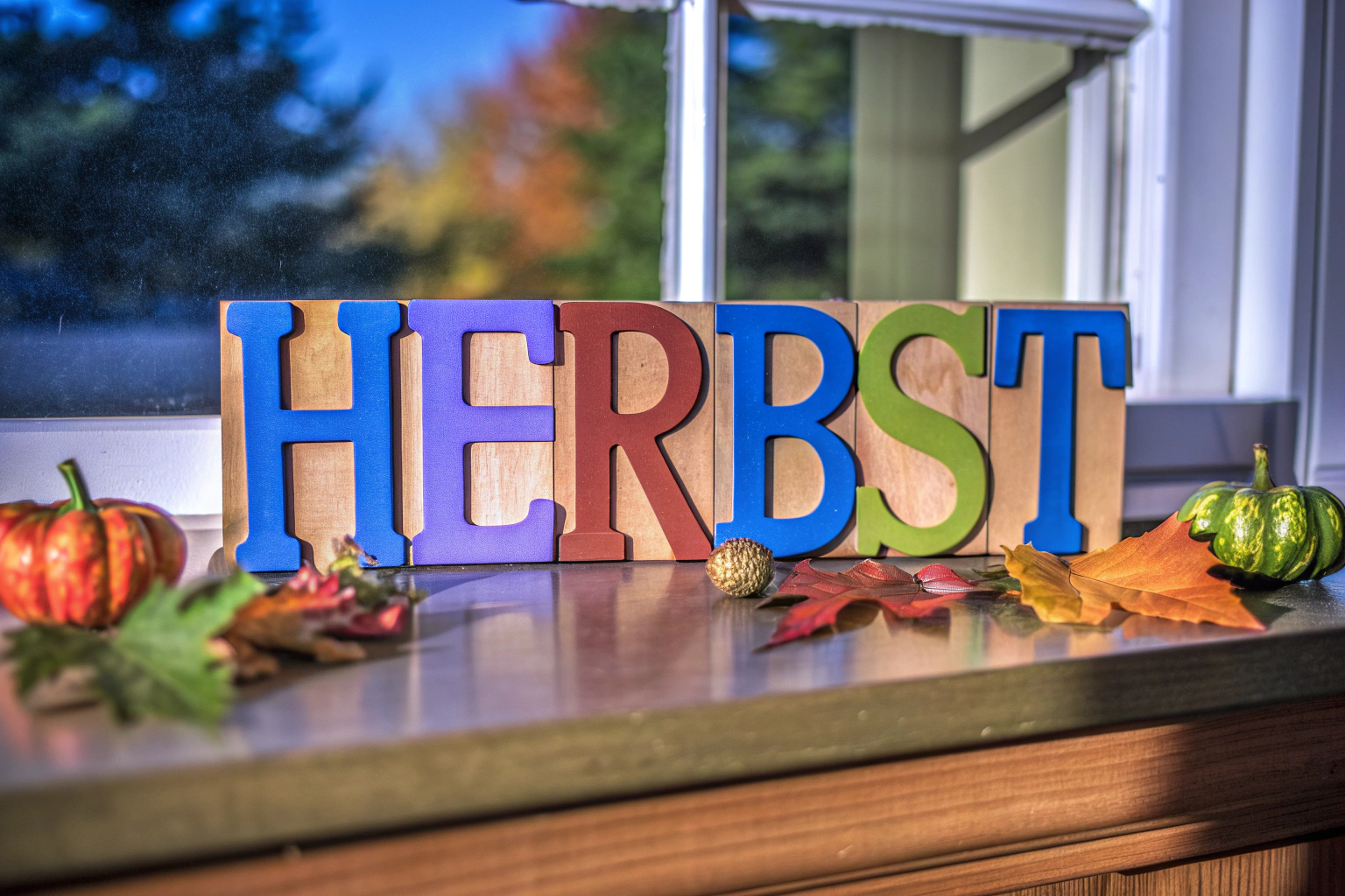 Holzschriftzug Herbst auf Sideboard