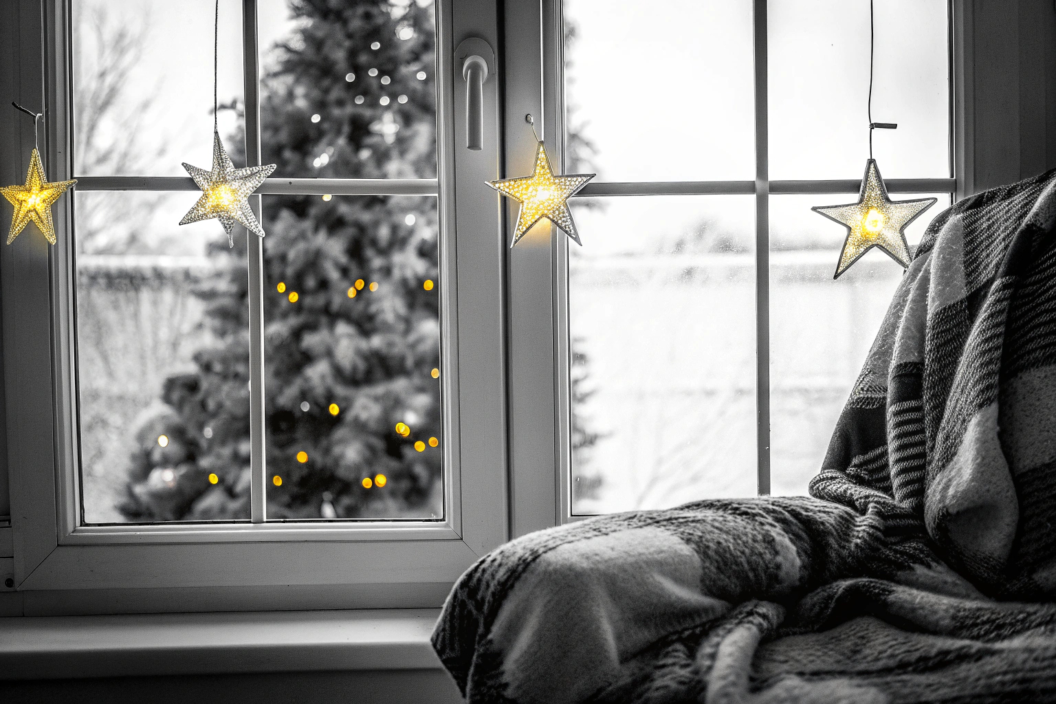 Fenster mit LED-Sterne Weihnachtsbeleuchtung