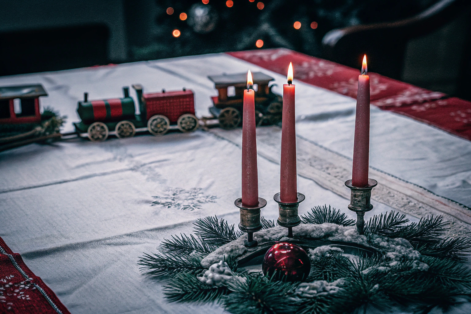 Tischdekoration mit Kerzenhalter und Weihnachtszügen