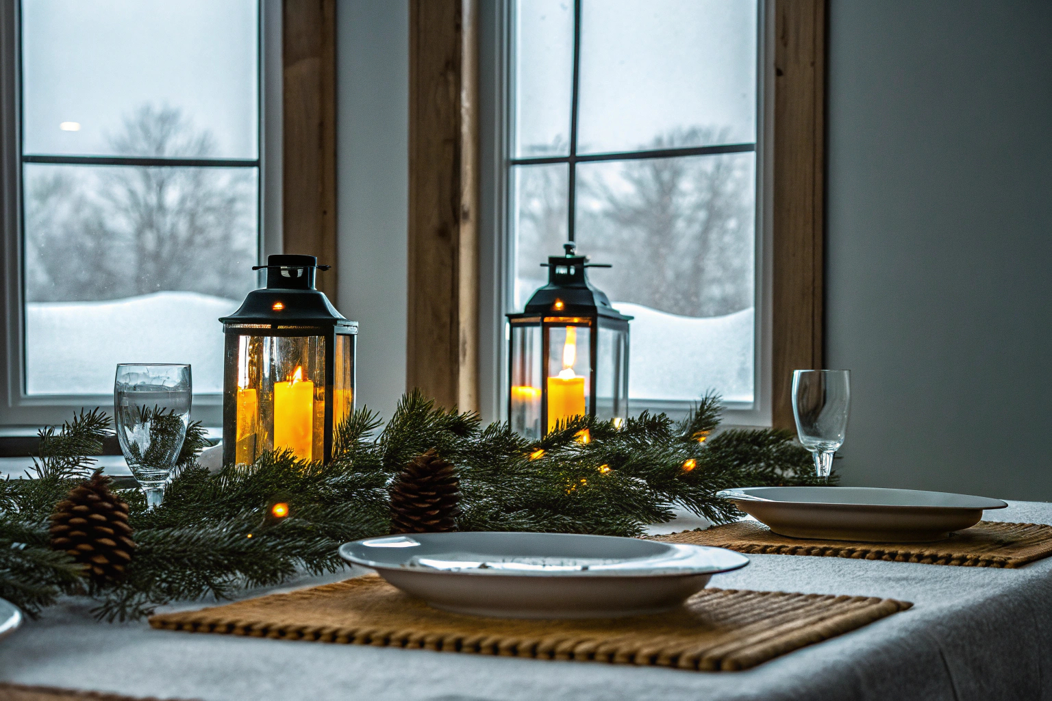 Festlich gedeckter Tisch mit Windlichtern