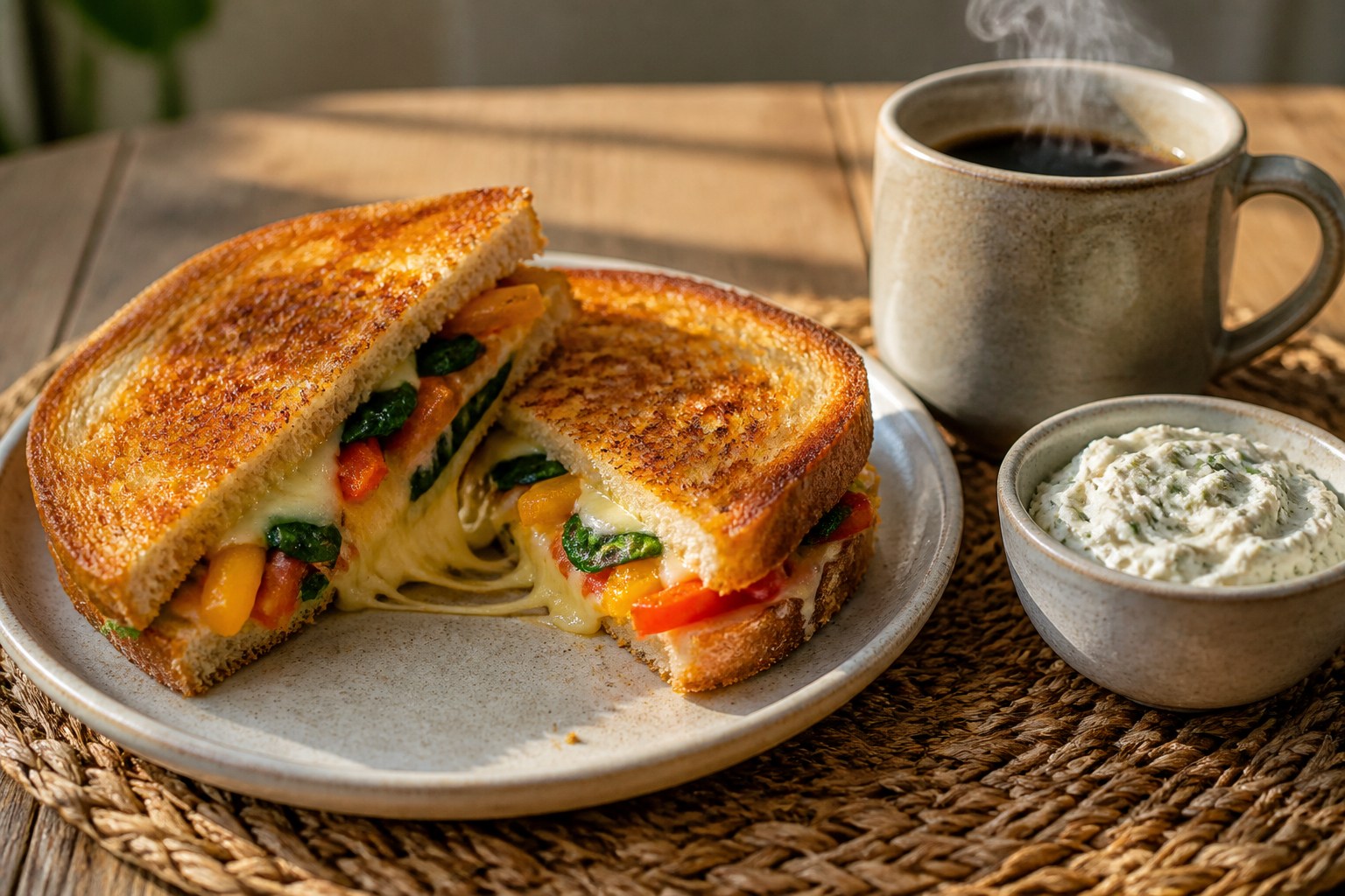 Herzhaftes Sandwich mit Käse Spinat und Paprika