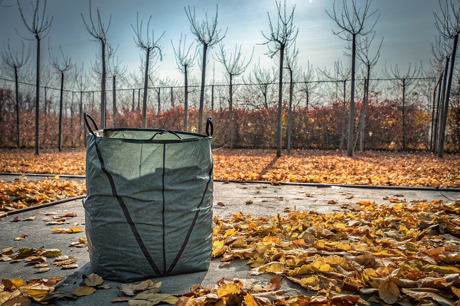 Garten im Herbst mit Laub und Gartensack