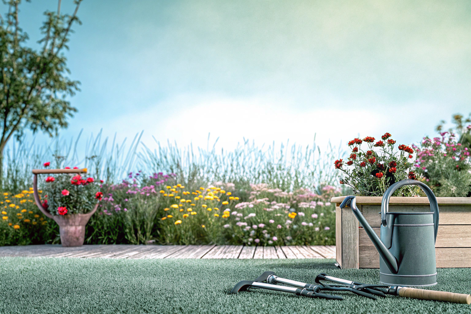 Gartenpflege mit blühenden Pflanzen