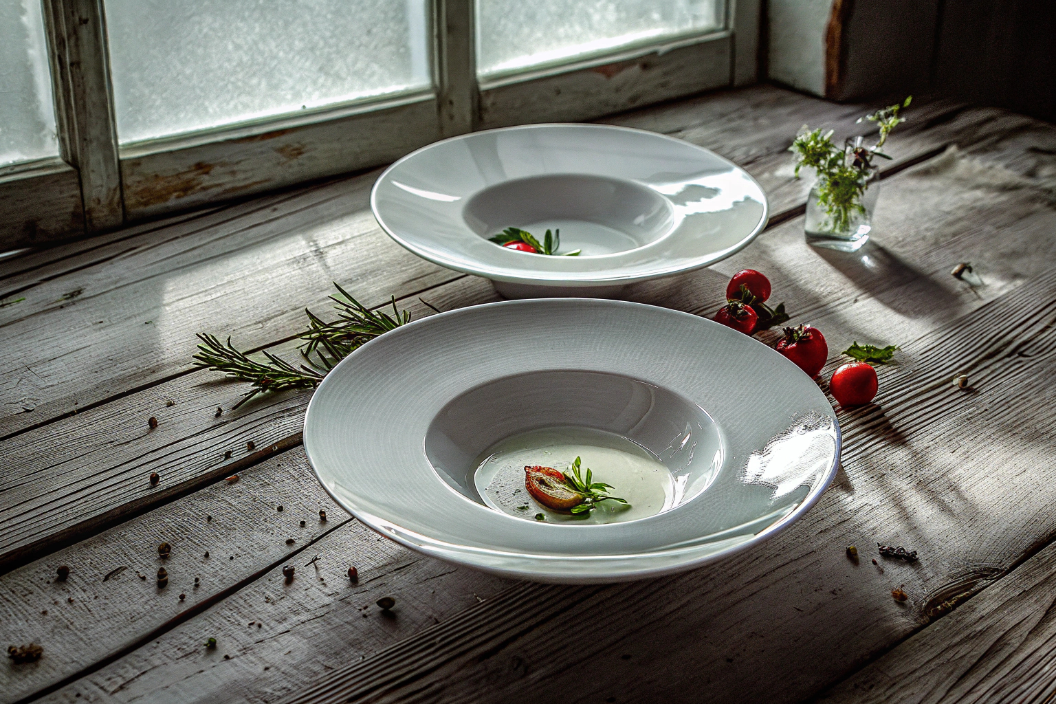 Elegante Suppenteller auf einem gedeckten Tisch