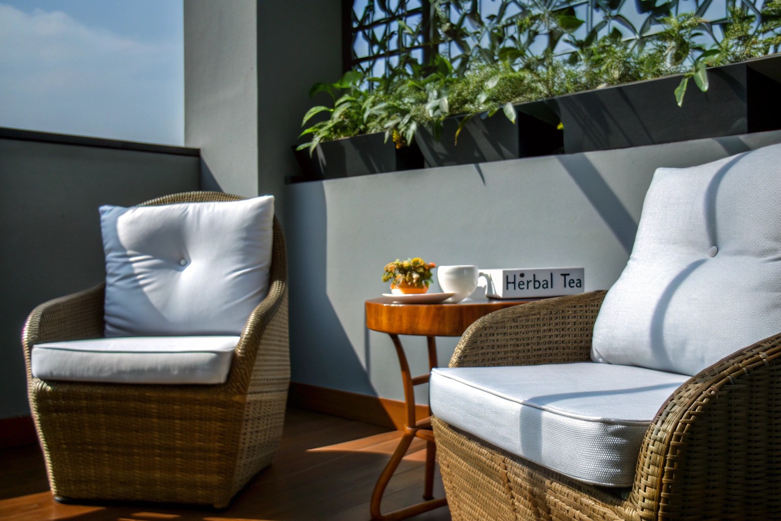 Gemütlicher Balkon mit Rattanmöbeln