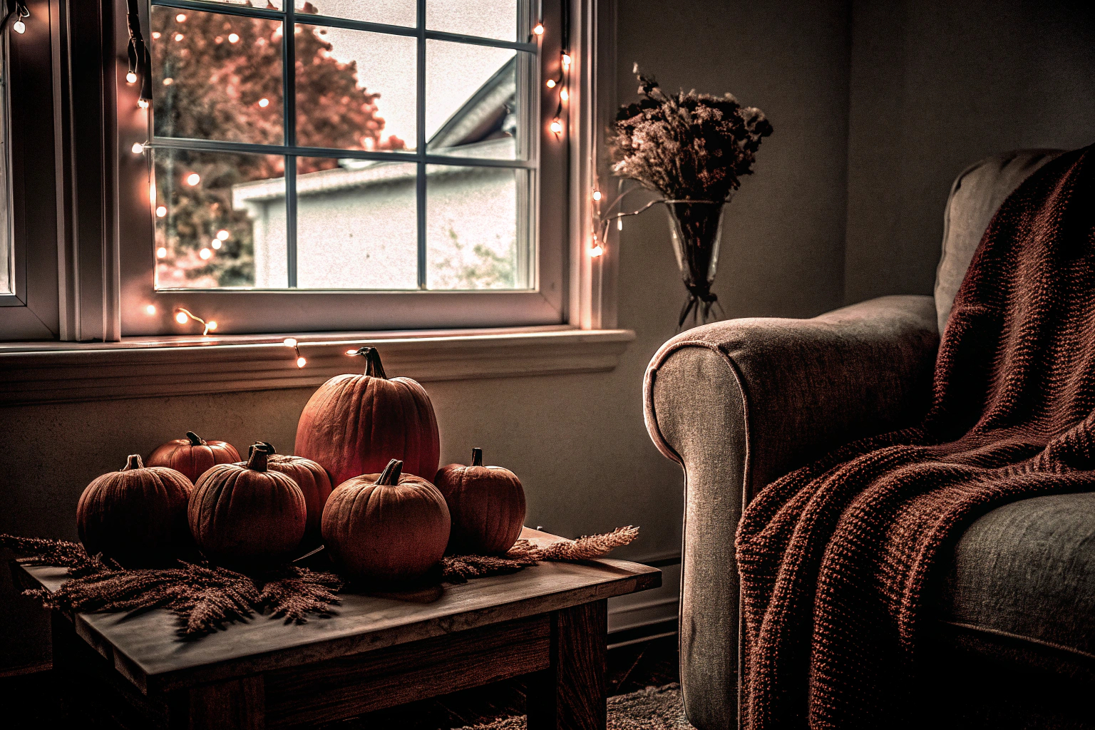 Herbstliche Wohnzimmerdekoration mit Kürbissen und Lichtern