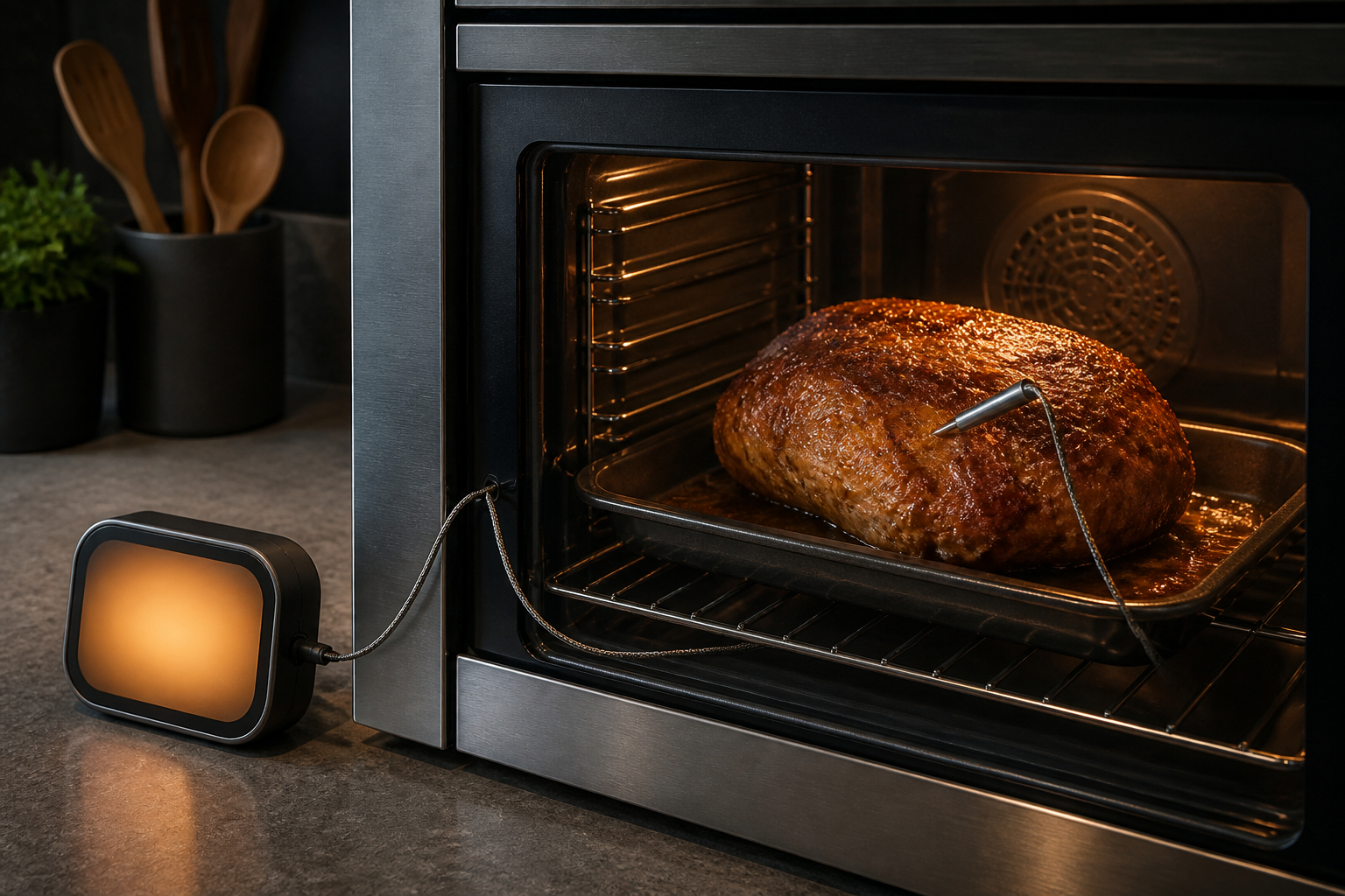 Kabelgebundenes Bratenthermometer überwacht einen Braten bei geschlossener Ofentür