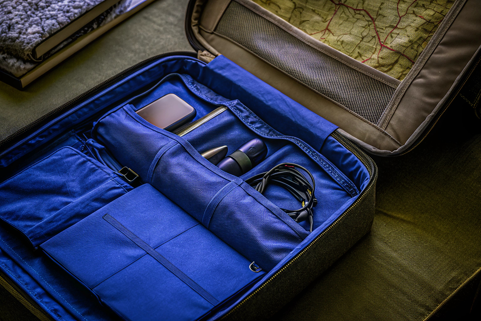 Organisierte Kabeltasche im Reisekoffer