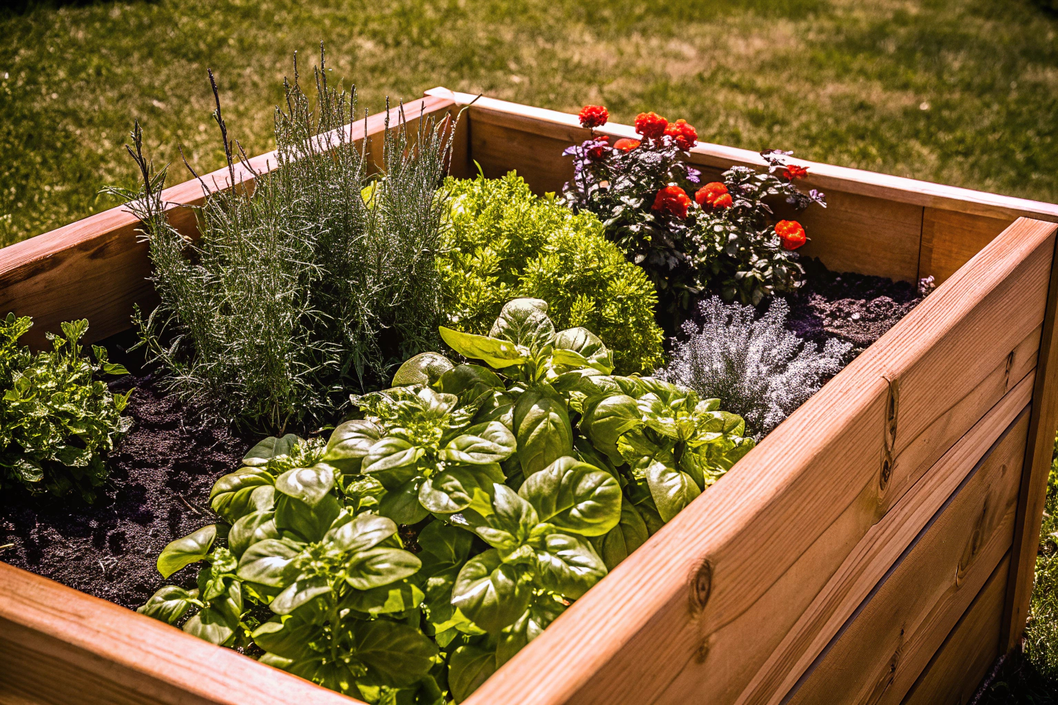 Hochbeet im Garten mit Kräutern und Gemüse