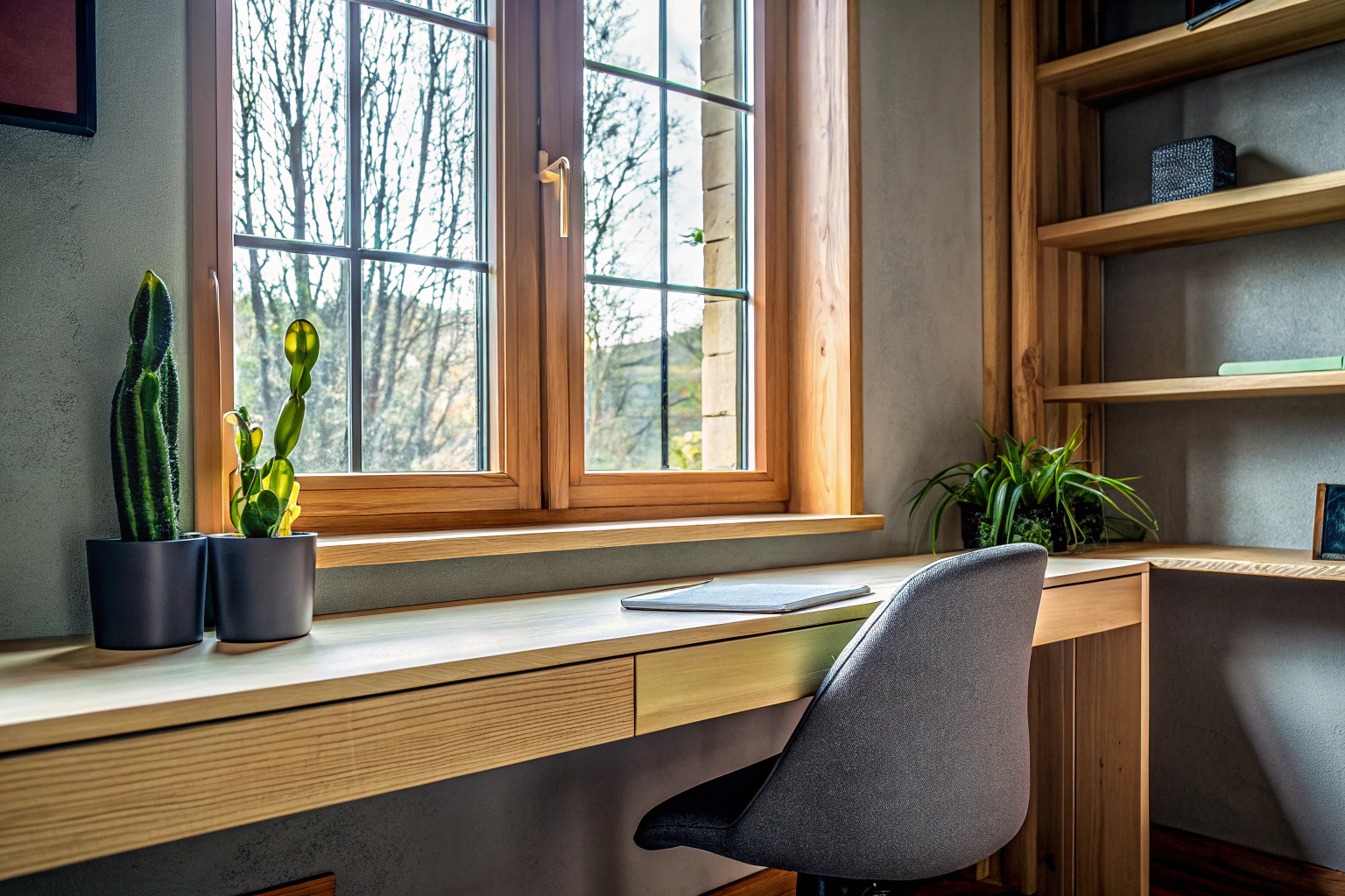 Homeoffice mit Pflanzen und minimalistischer Dekoration