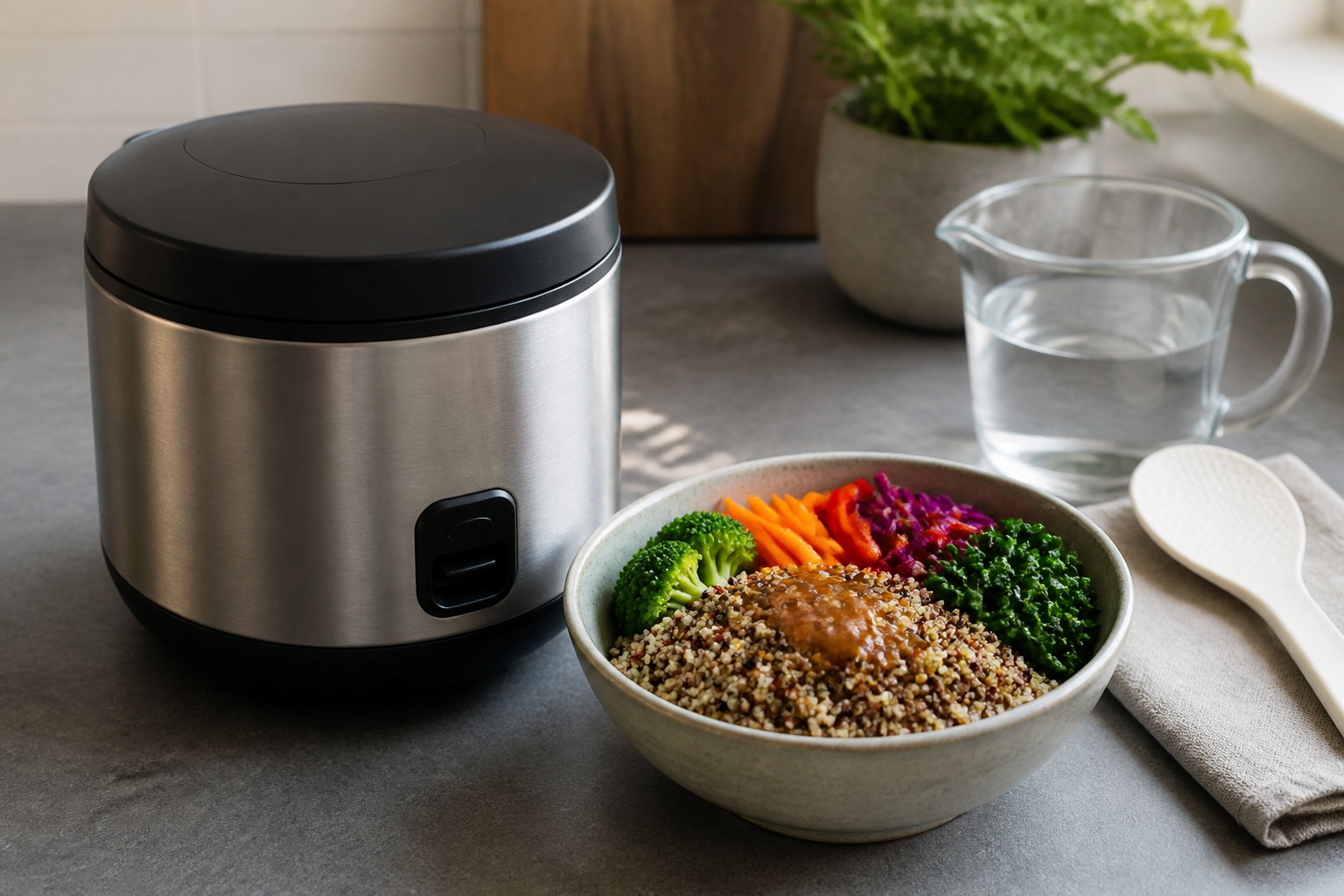 Mini-Reiskocher mit portionierter Quinoa und Gemüse
