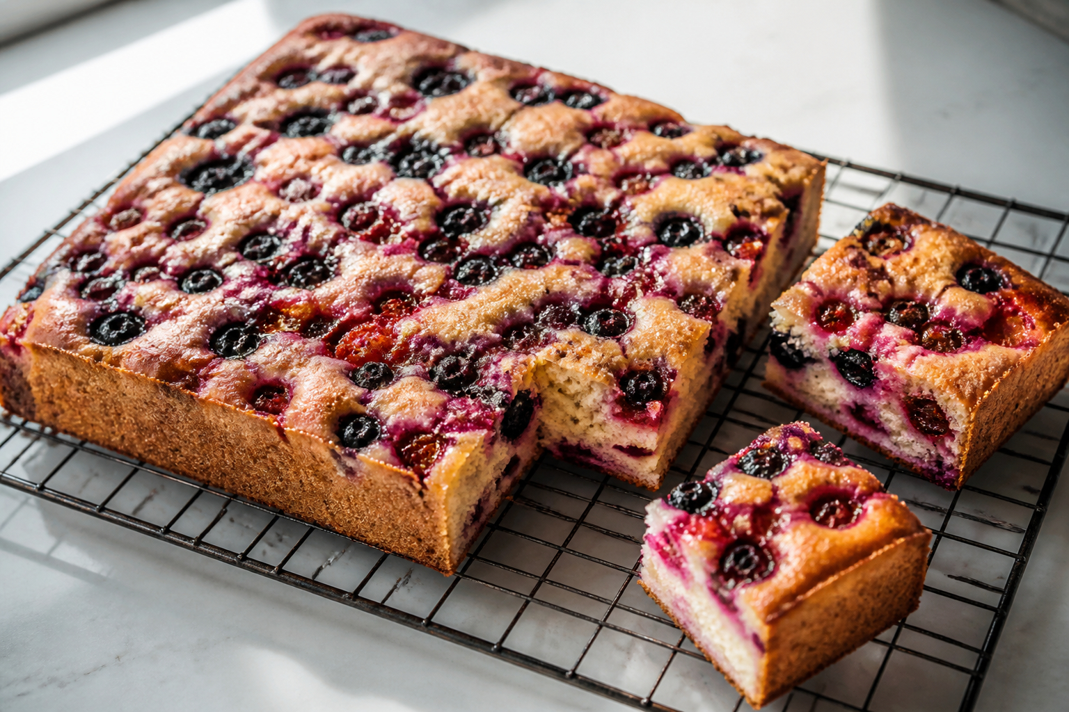 Kleiner Obstblechkuchen mit Beeren auf einem Kuchengitter