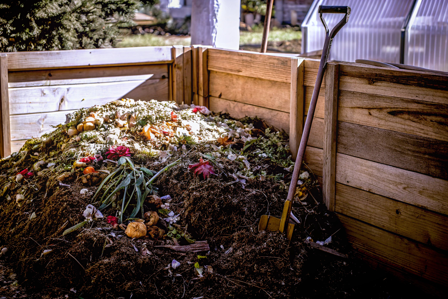 Komposthaufen mit organischen Abfällen im Garten