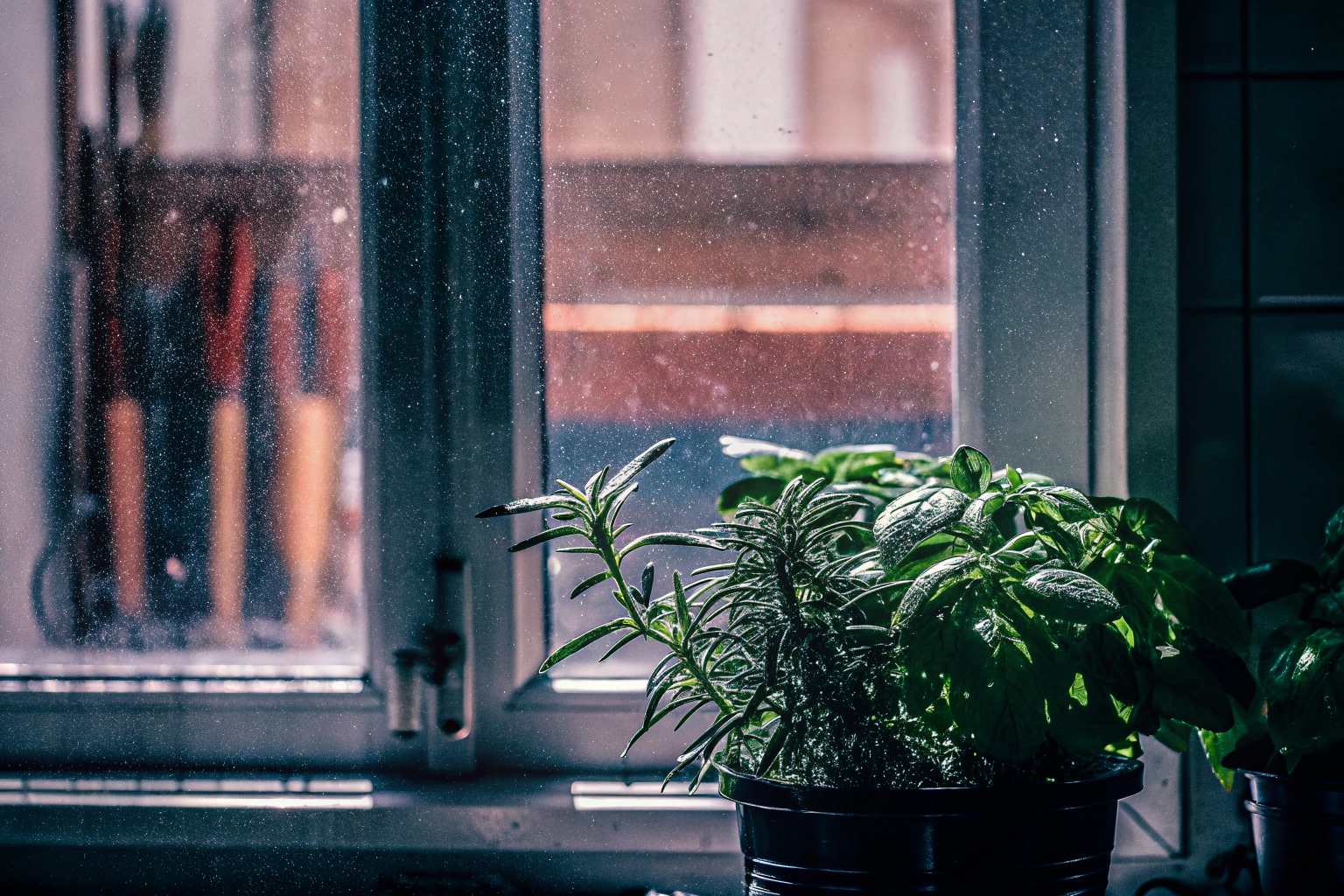 Kräutertopf auf Fensterbank