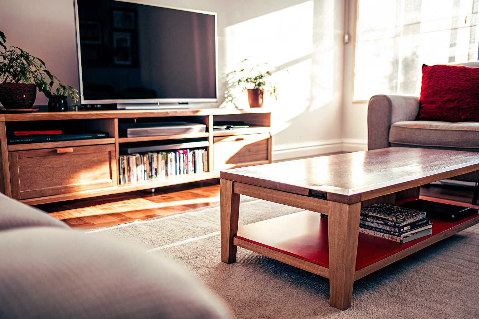 Gepflegte Holzmöbel in modernem Wohnzimmer