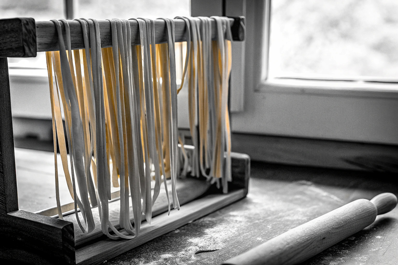 Frische Pasta auf einem Nudeltrockner