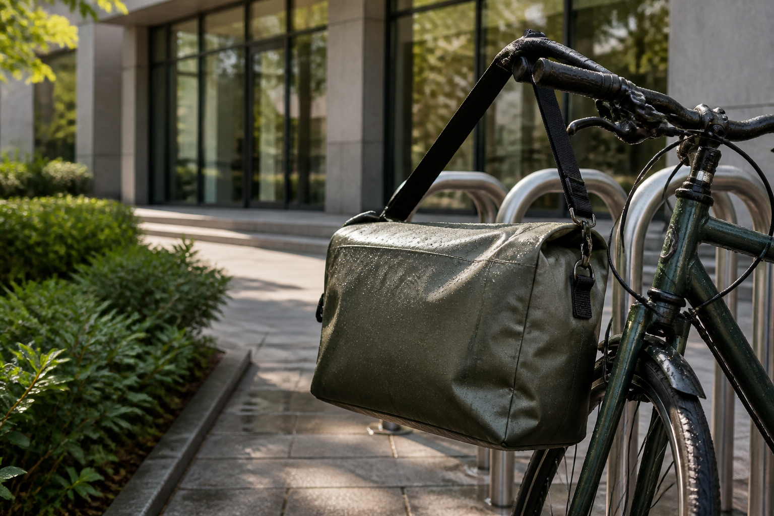 Fahrradtasche mit Schultergurt auf dem Weg ins Büro