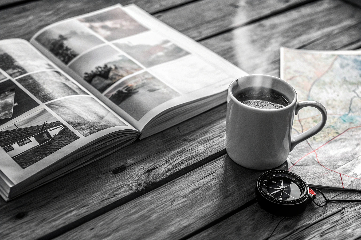 Reiseführer neben einer Tasse Kaffee