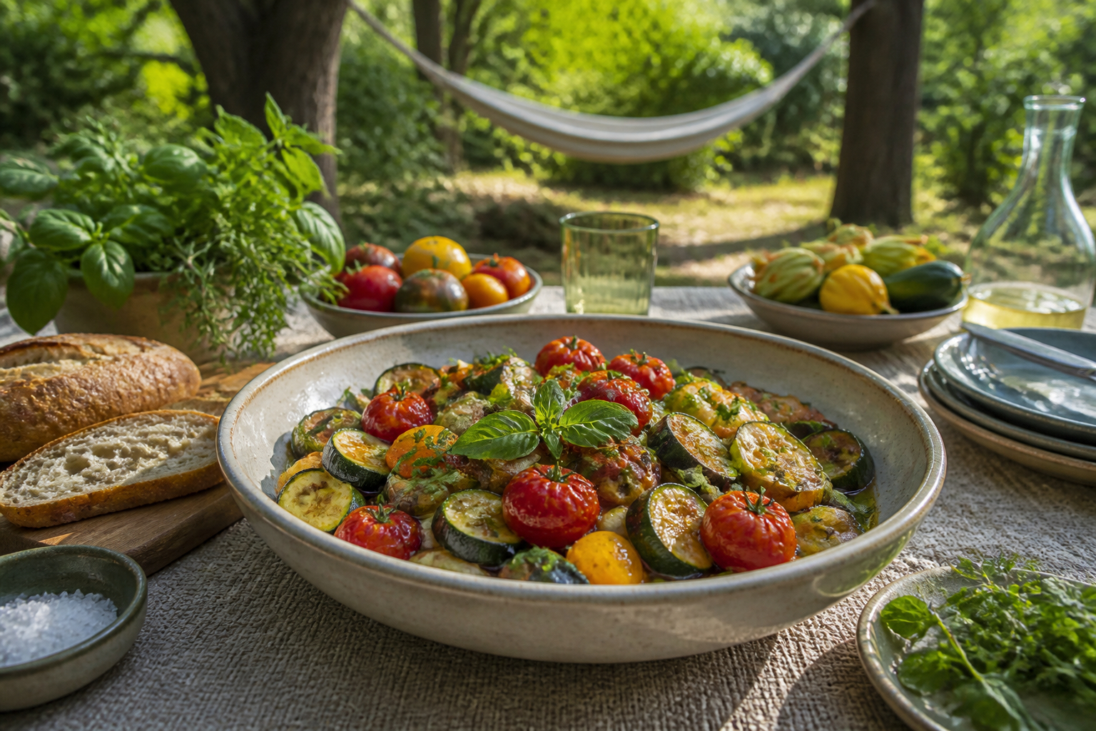 Saisonales Essen und Hängematte beim Urlaub zu Hause