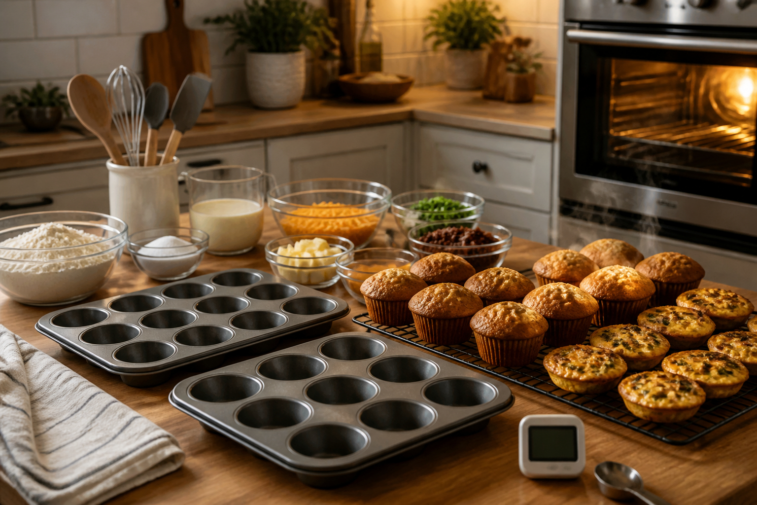 Organisierter Backtag mit Muffinformen und Kühlgitter