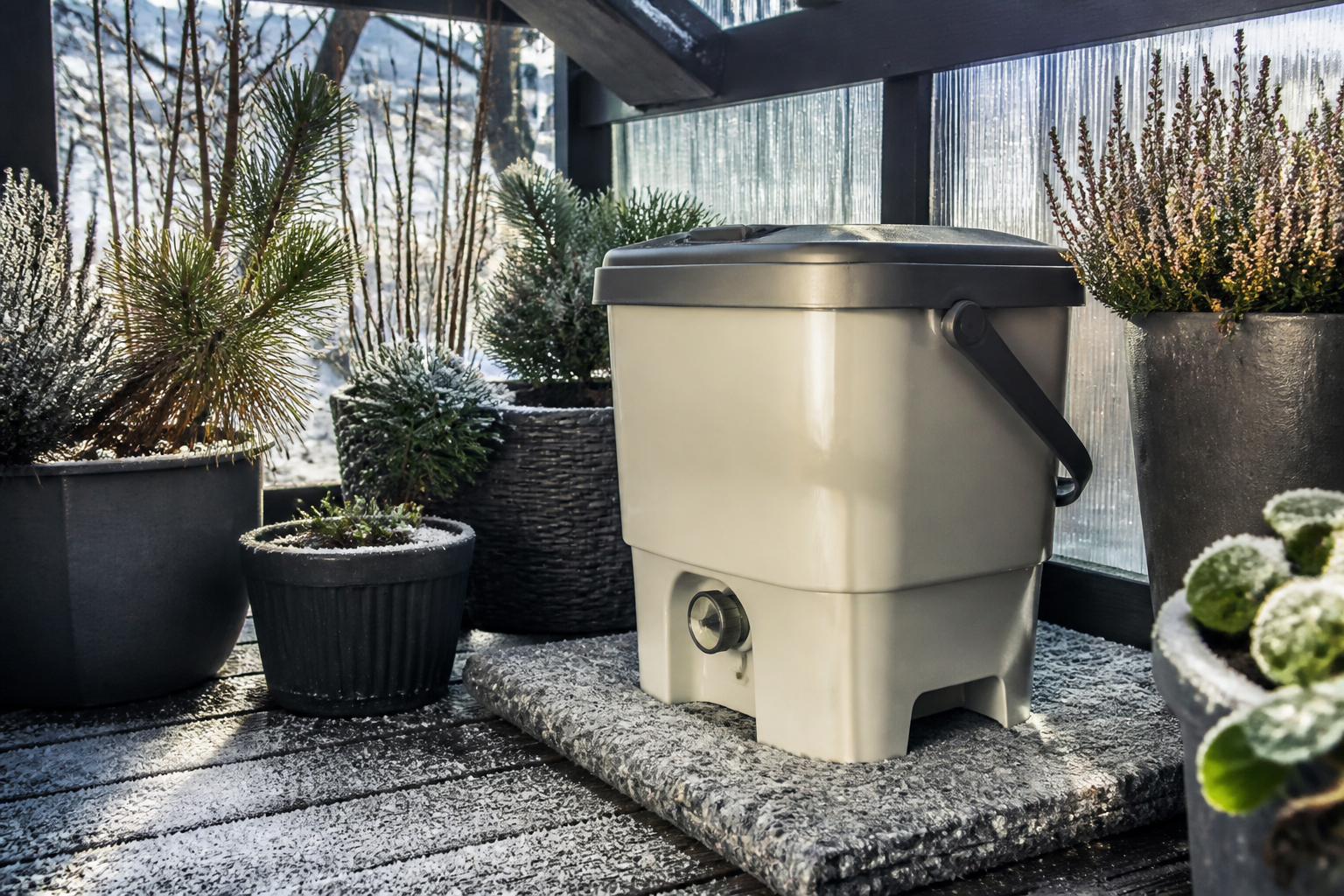 Bokashi-Eimer im Winter frostgeschützt auf dem Balkon