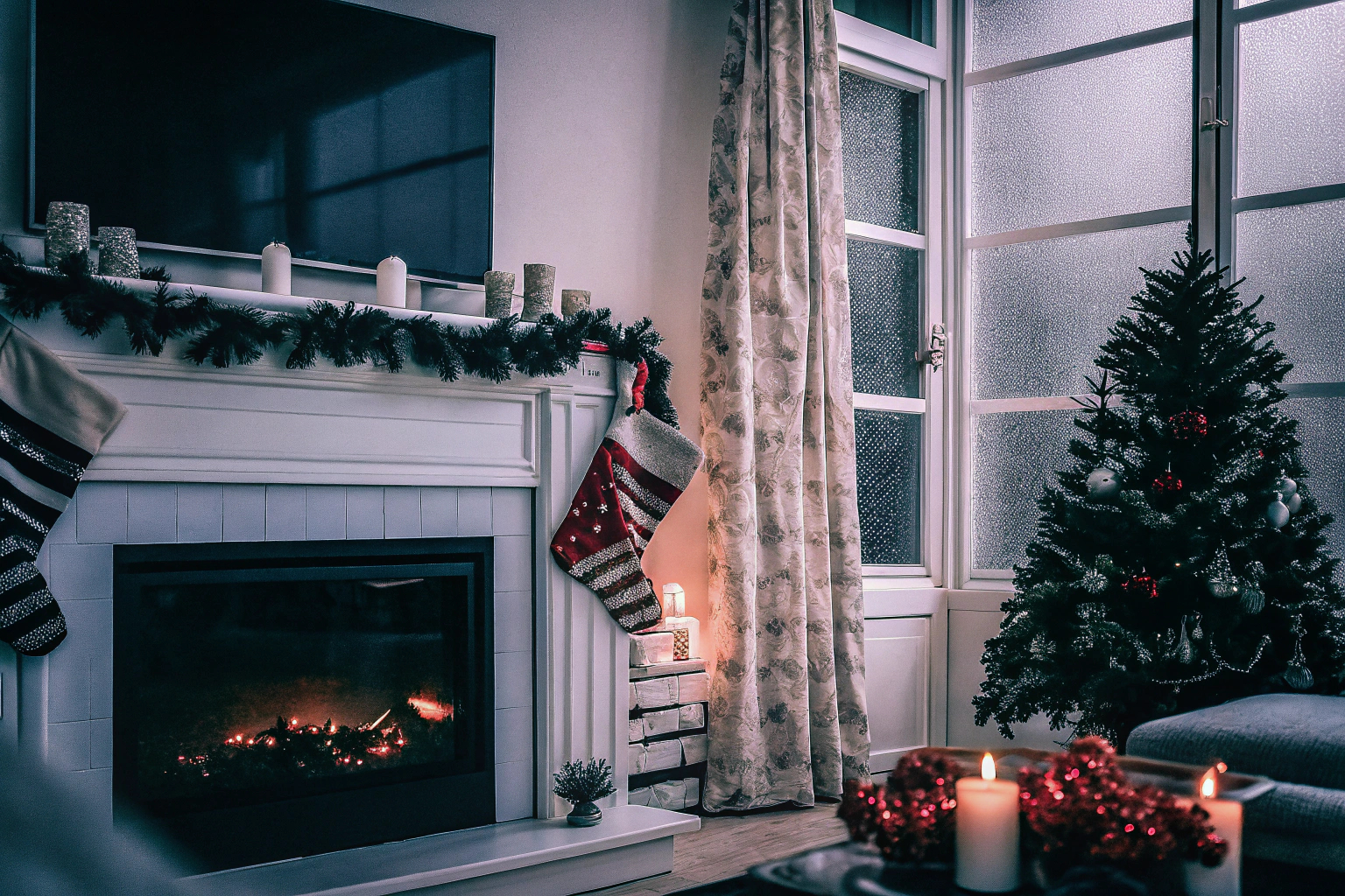 Weihnachtsbeleuchtung im Wohnzimmer