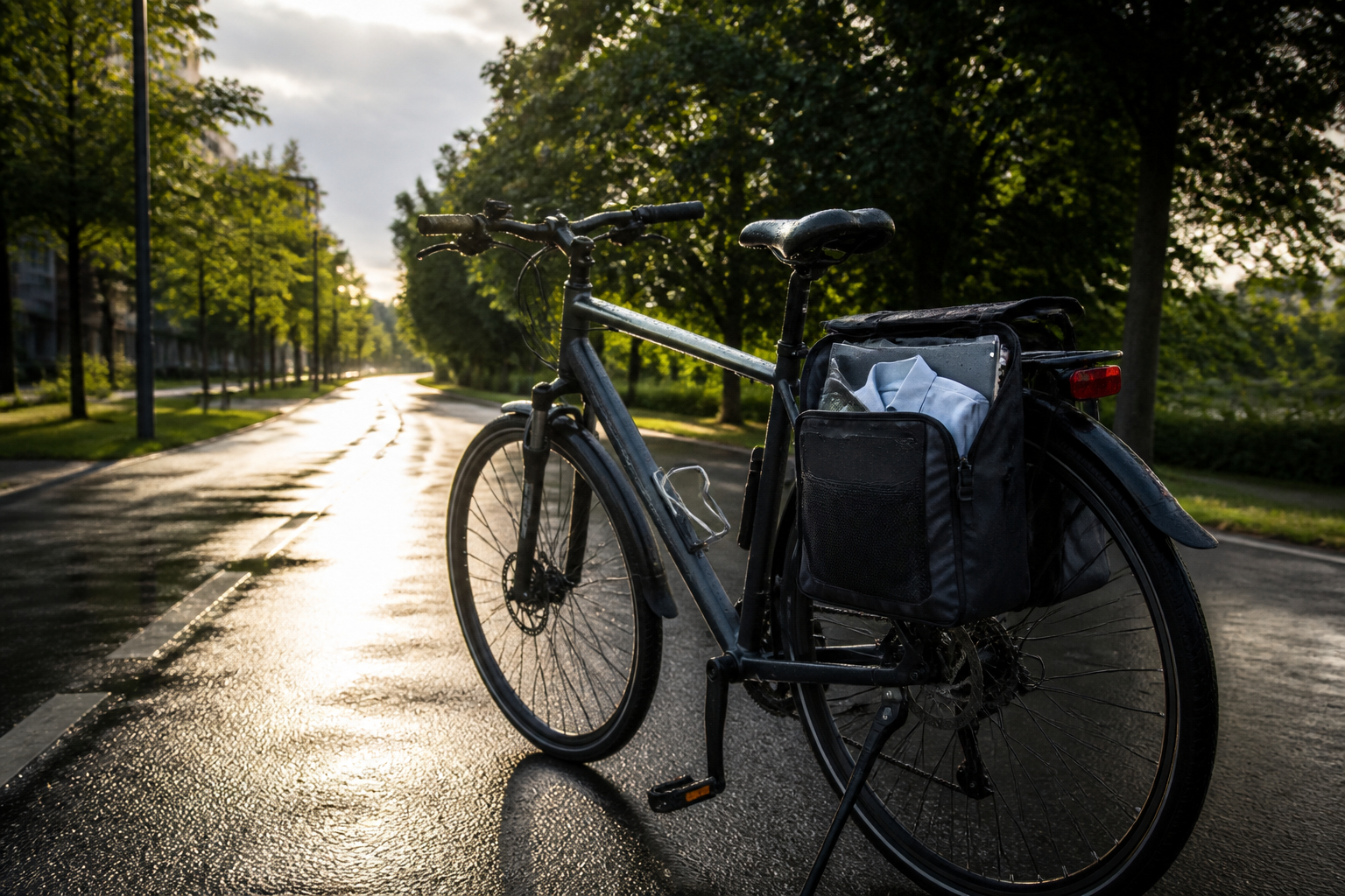 Mit dem Fahrrad zur Arbeit auf einem ruhigen Radweg mit Fahrradtasche
