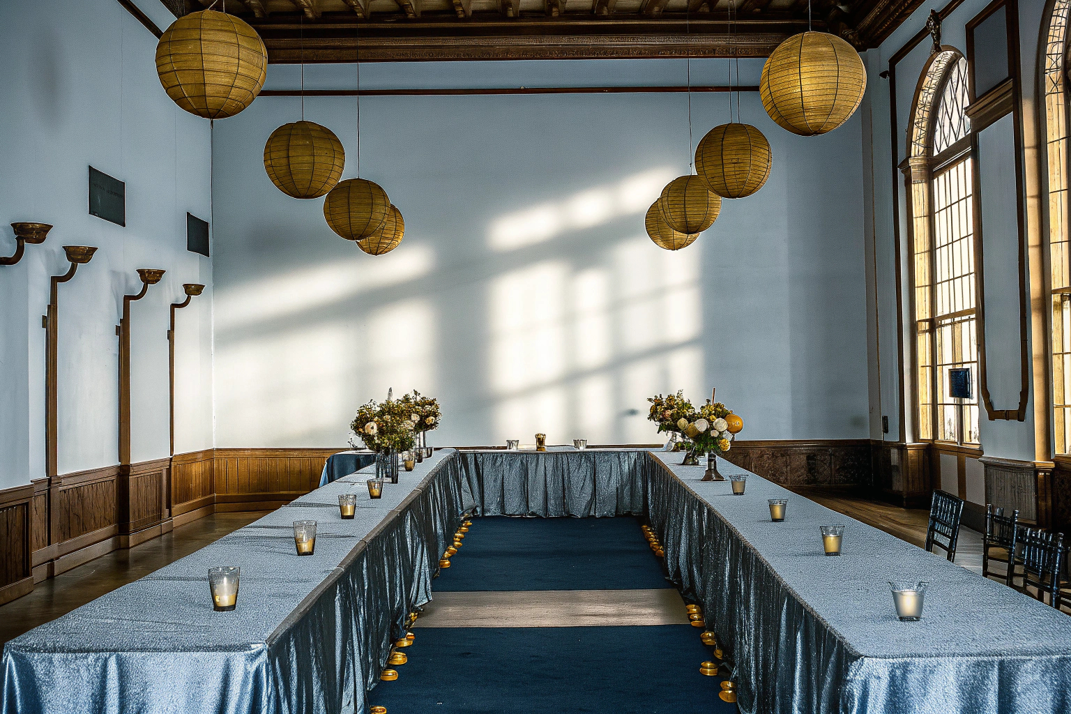 Elegante Festsaal-Dekoration in Blau und Gold