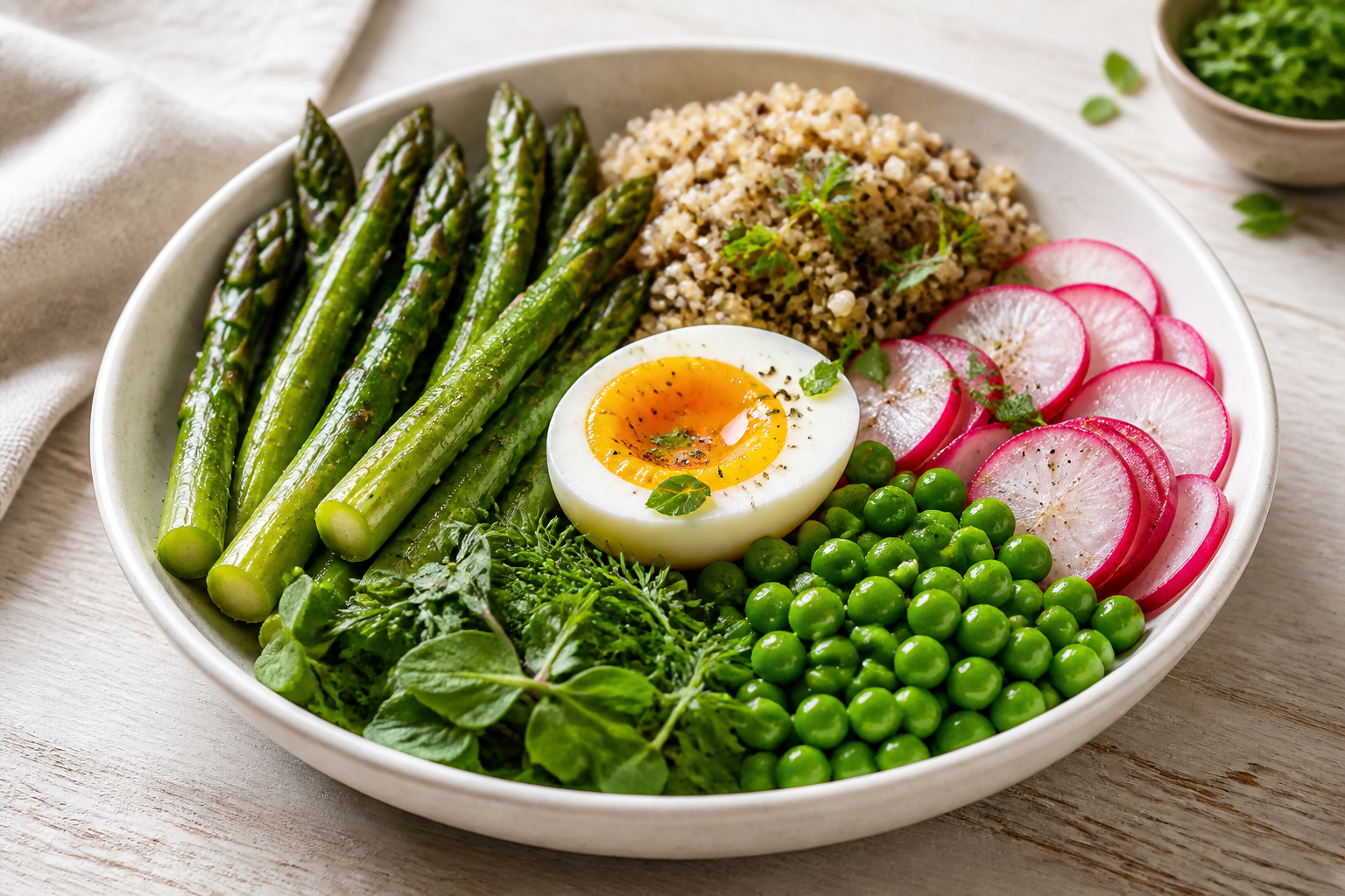Frühlings-Bowl mit Spargel Quinoa und Radieschen
