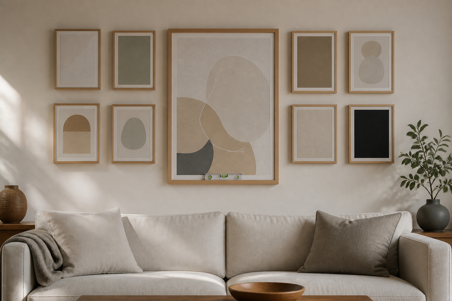 Bilderwand über Sofa mit Wasserwaage ausrichten