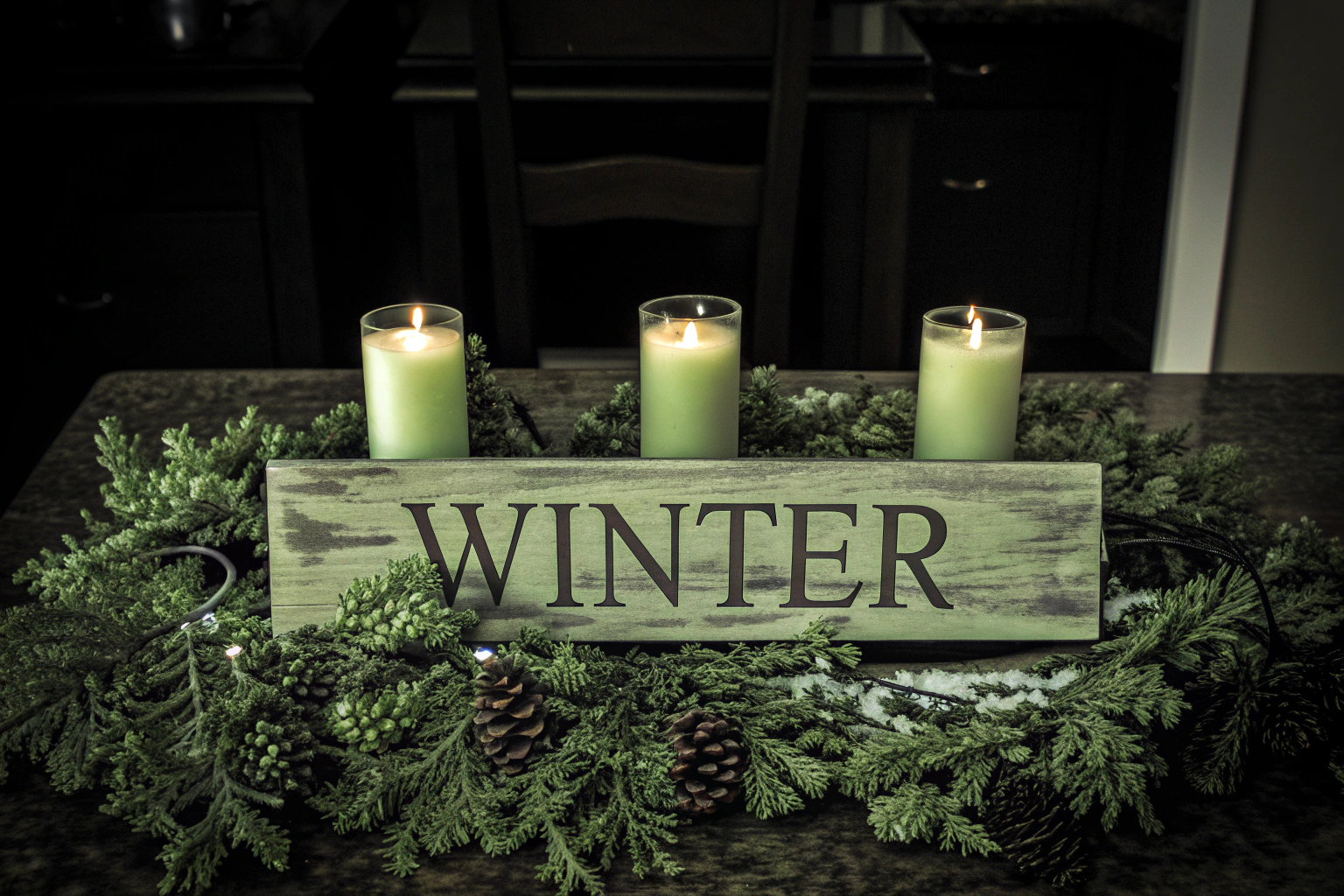 Winterliche Tischdekoration mit Kerzen und Holzschriftzug