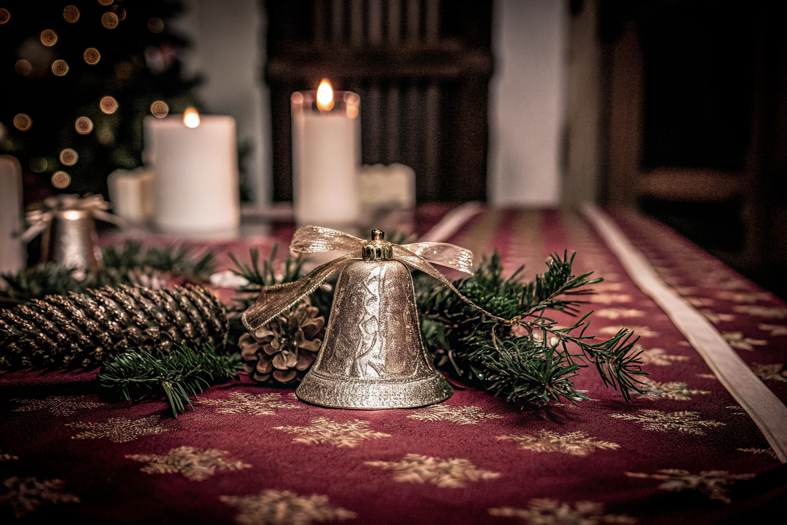 Festlich gedeckte Weihnachtstafel mit goldener Handglocke