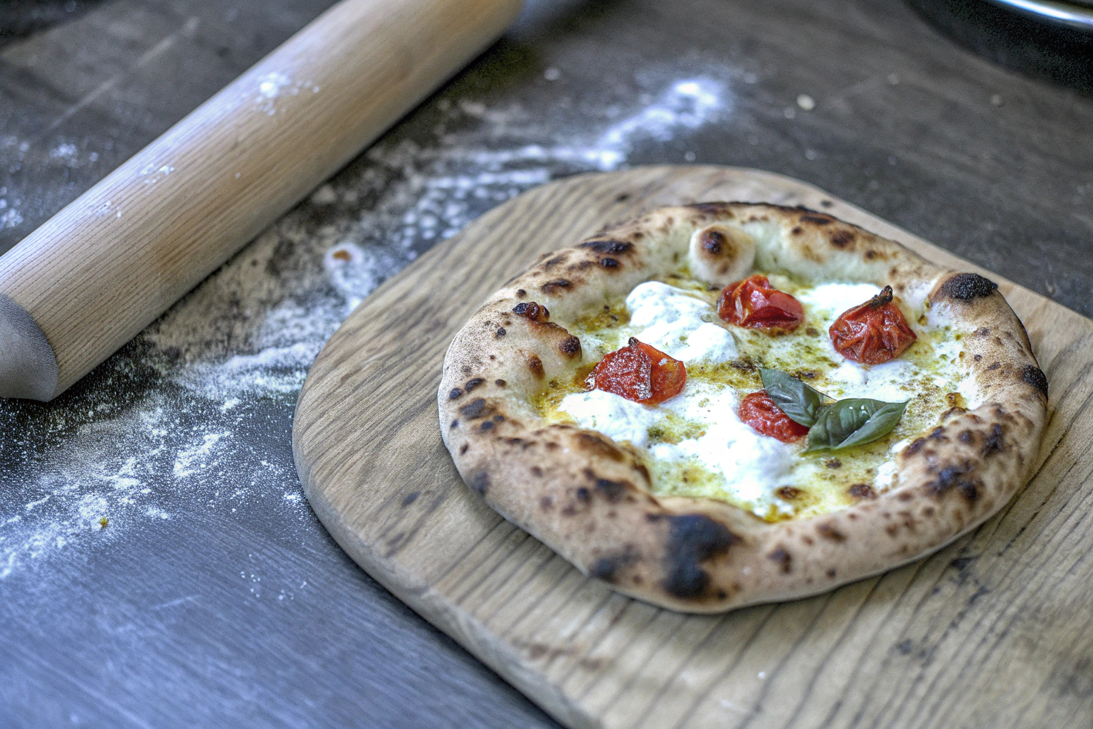 Frisch gebackene Pizza auf Holzbrett