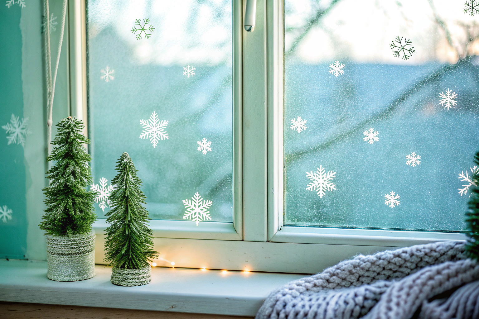 Winterliche Fensterdekoration mit Schneeflocken und Mini-Bäumen
