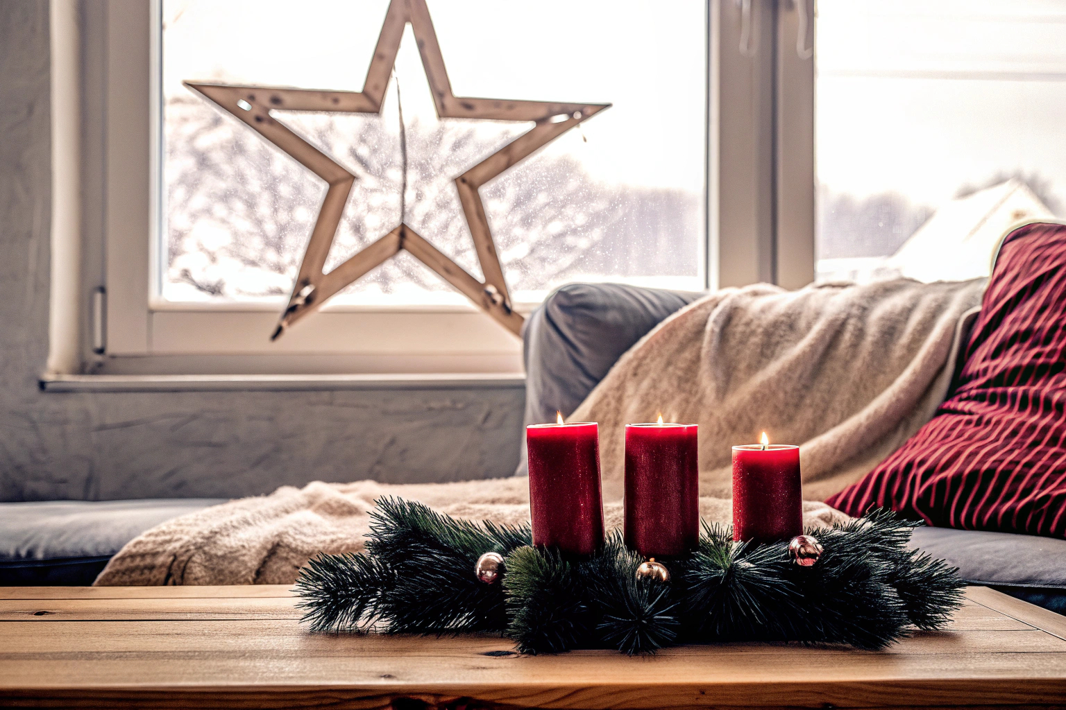 Winterdeko Wohnzimmer mit LED-Kerzen und Holzstern