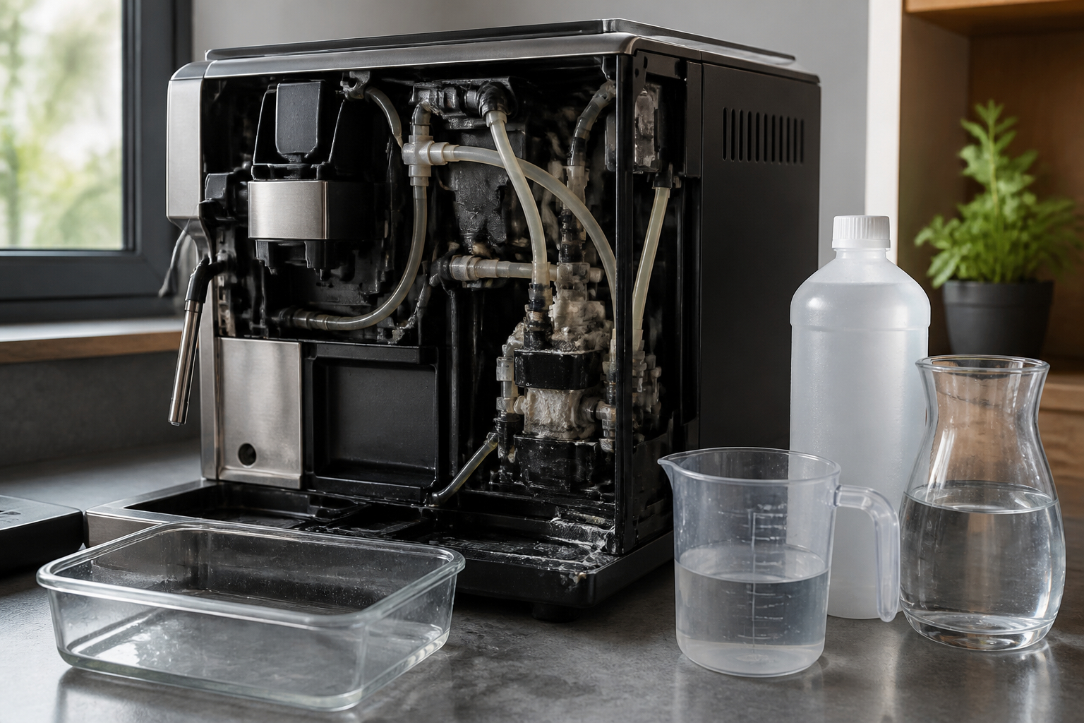 Kaffeemaschine mit Entkalker und Messbecher richtig vorbereiten