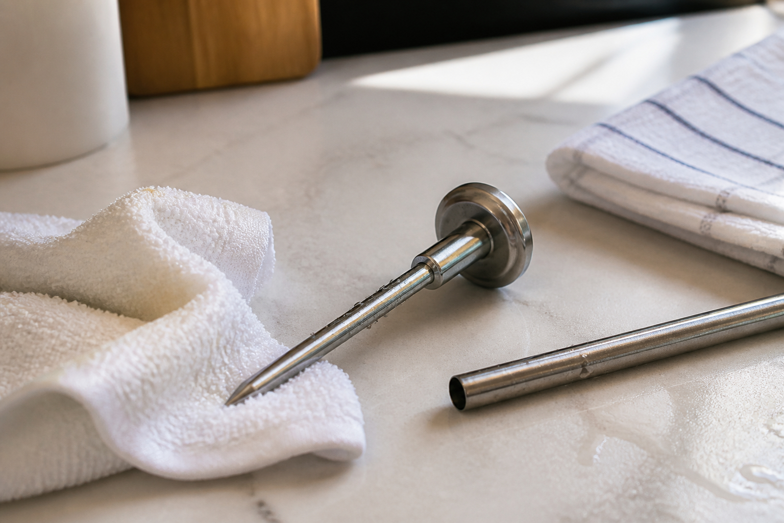 Edelstahlsonde eines Bratenthermometers hygienisch reinigen